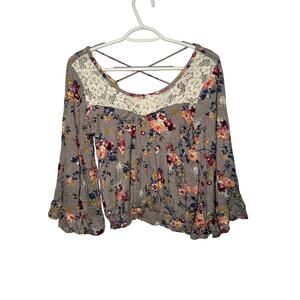 About a girl floral lace y2k flare sleeve cropped top womens medium fairy boho